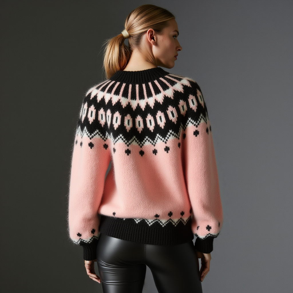 Hand-knitted gentle rose pink women’s Scandinavian Lopapeysa sweater with a fluffy black and white Nordic round yoke, featuring black ribbed cuffs, collar, and hem, made from soft hypoallergenic baby alpaca, merino wool, and kid mohair.