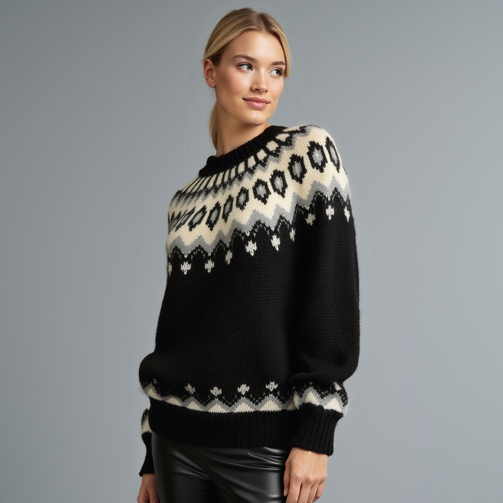 Hand-knitted black oversized unisex Scandinavian Lopapeysa sweater with a thick-knit white and gray Nordic round yoke, featuring black ribbed cuffs, collar, and hem, made from soft hypoallergenic baby alpaca and merino wool.