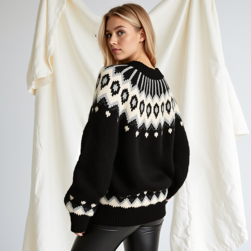 Hand-knitted black oversized unisex Scandinavian Lopapeysa sweater with a thick-knit white and gray Nordic round yoke, featuring black ribbed cuffs, collar, and hem, made from soft hypoallergenic baby alpaca and merino wool.