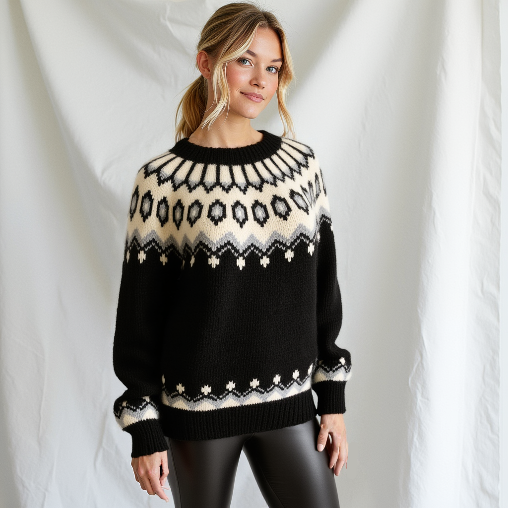 Hand-knitted black oversized unisex Scandinavian Lopapeysa sweater with a thick-knit white and gray Nordic round yoke, featuring black ribbed cuffs, collar, and hem, made from soft hypoallergenic baby alpaca and merino wool.