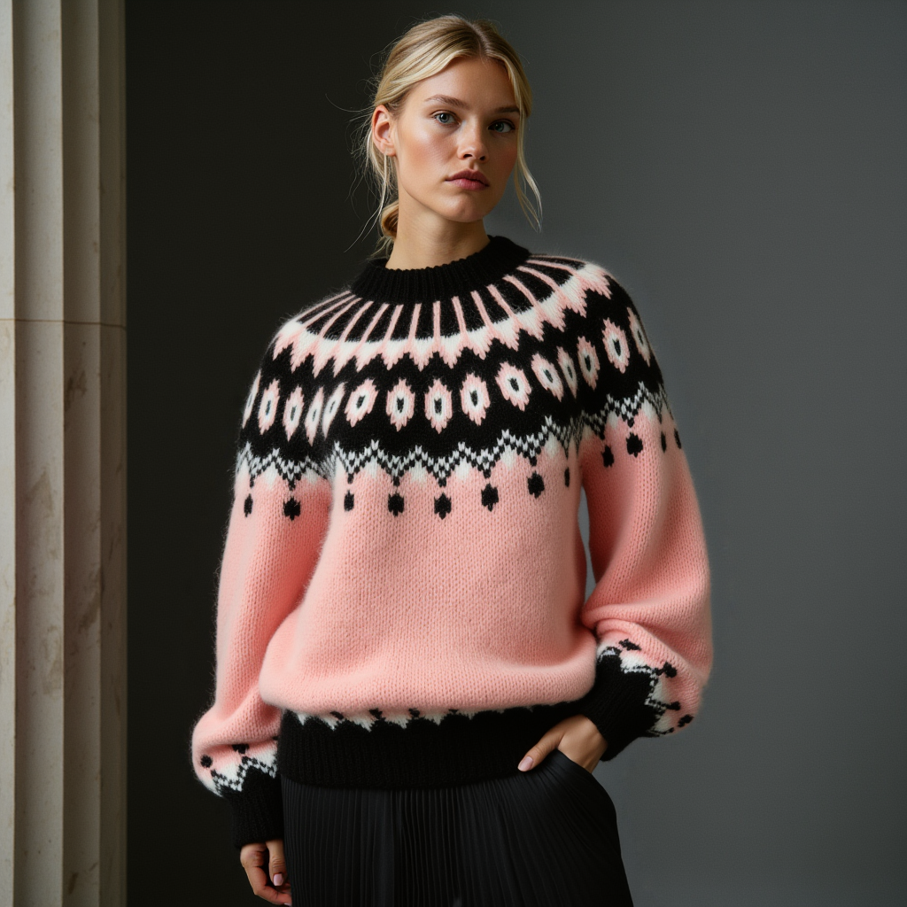 Hand-knitted gentle rose pink women’s Scandinavian Lopapeysa sweater with a fluffy black and white Nordic round yoke, featuring black ribbed cuffs, collar, and hem, made from soft hypoallergenic baby alpaca, merino wool, and kid mohair.