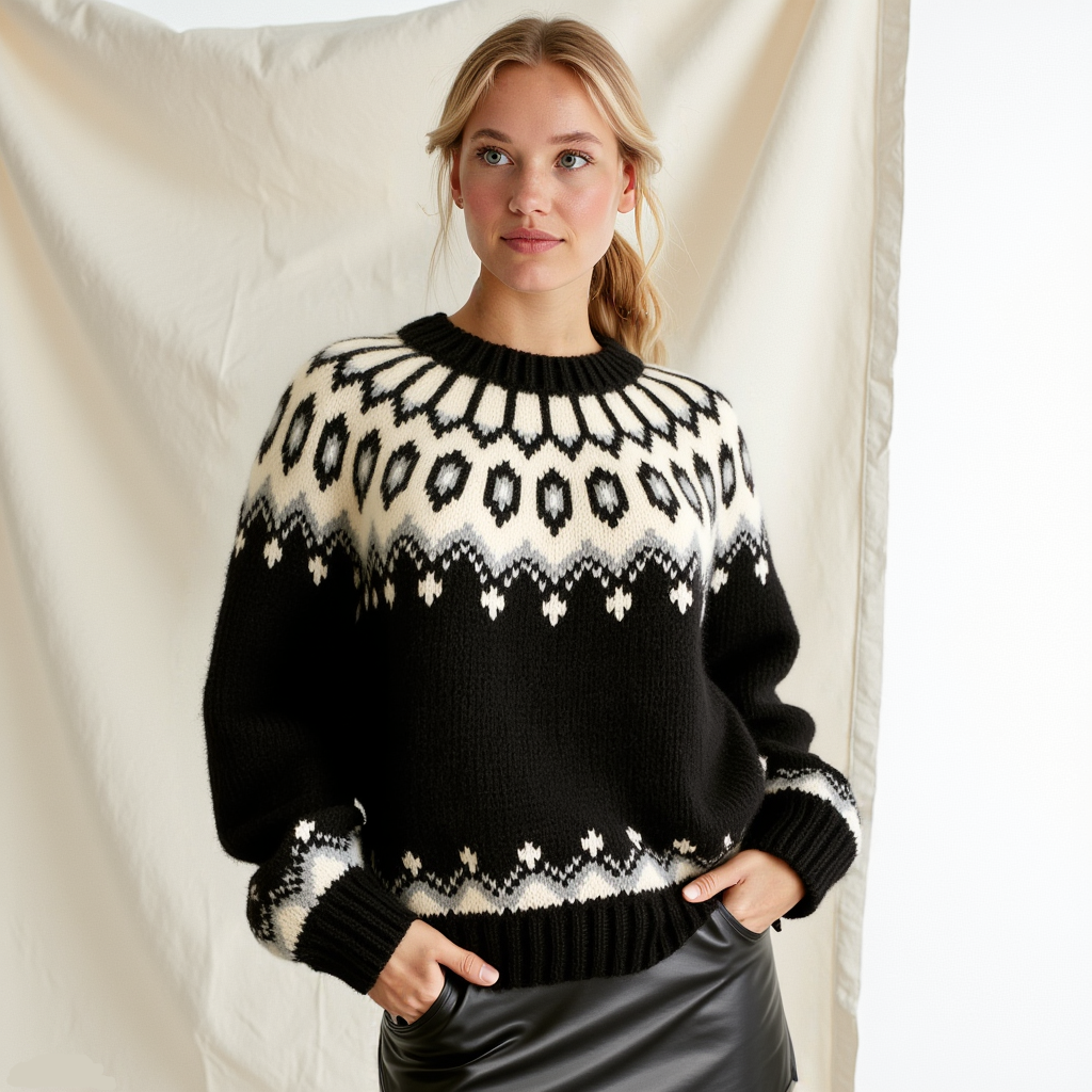 Hand-knitted black oversized unisex Scandinavian Lopapeysa sweater with a thick-knit white and gray Nordic round yoke, featuring black ribbed cuffs, collar, and hem, made from soft hypoallergenic baby alpaca and merino wool.