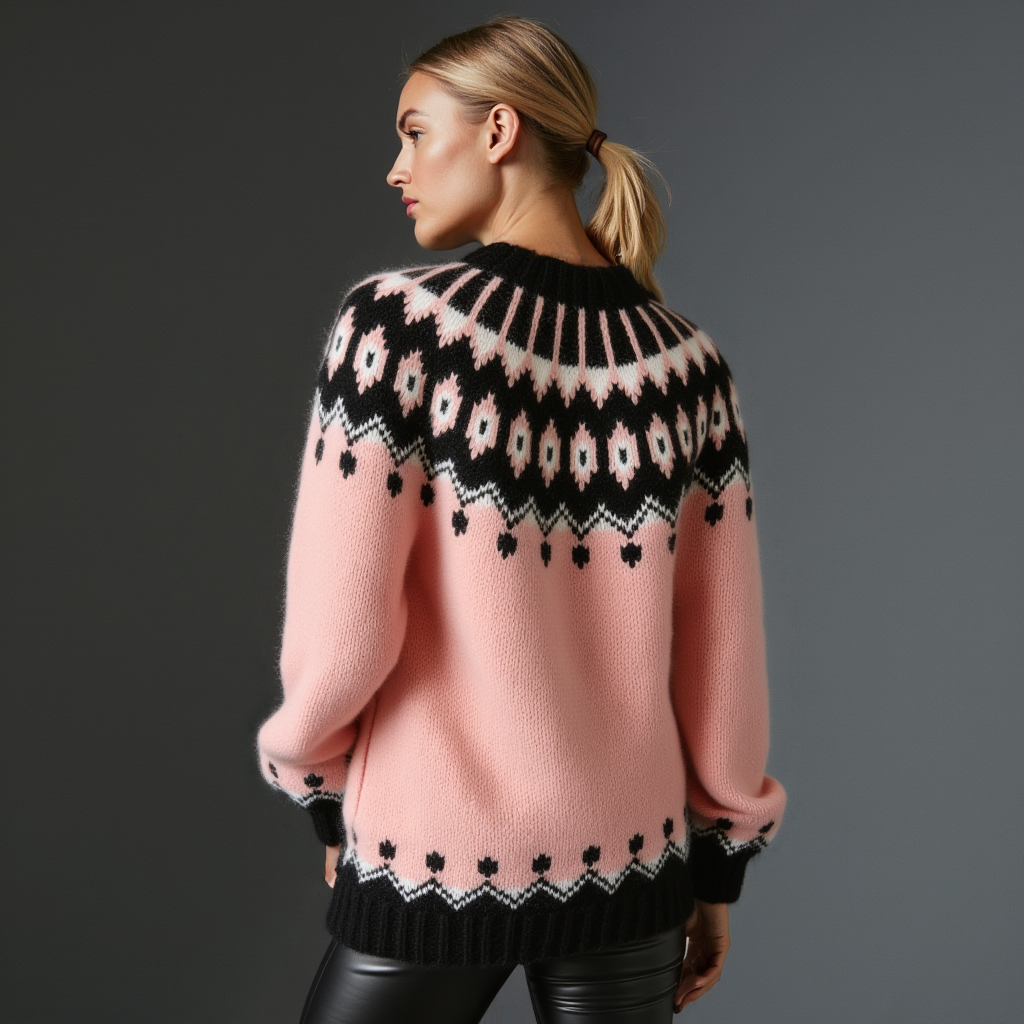 Hand-knitted gentle rose pink women’s Scandinavian Lopapeysa sweater with a fluffy black and white Nordic round yoke, featuring black ribbed cuffs, collar, and hem, made from soft hypoallergenic baby alpaca, merino wool, and kid mohair.