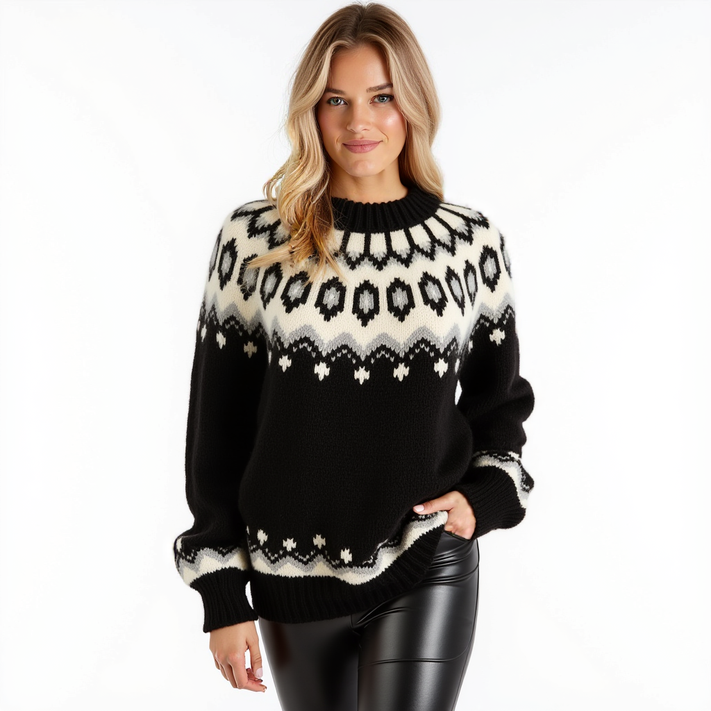 Hand-knitted black oversized unisex Scandinavian Lopapeysa sweater with a thick-knit white and gray Nordic round yoke, featuring black ribbed cuffs, collar, and hem, made from soft hypoallergenic baby alpaca and merino wool.