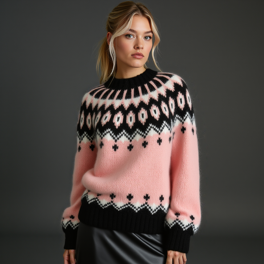 Hand-knitted gentle rose pink women’s Scandinavian Lopapeysa sweater with a fluffy black and white Nordic round yoke, featuring black ribbed cuffs, collar, and hem, made from soft hypoallergenic baby alpaca, merino wool, and kid mohair.