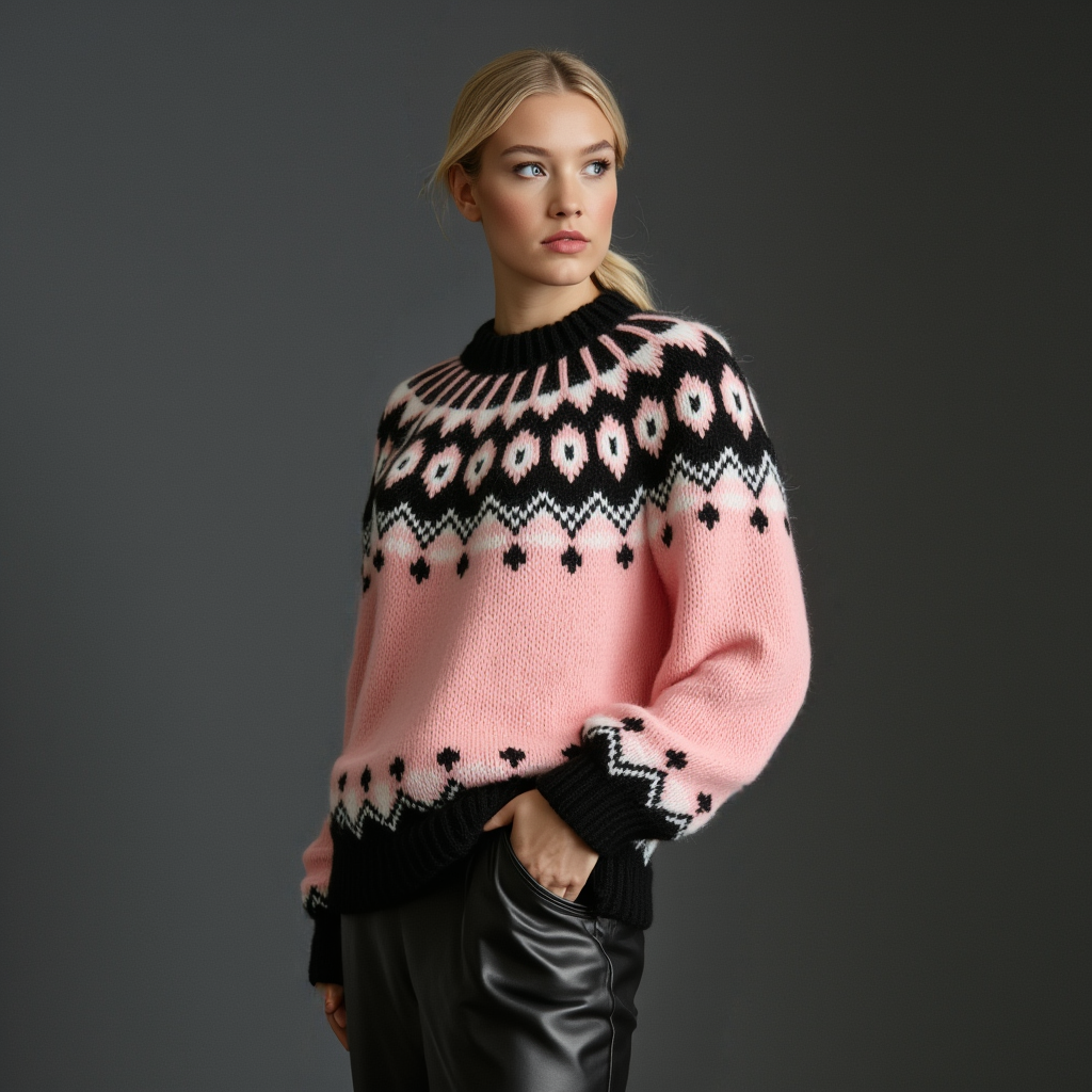 Hand-knitted gentle rose pink women’s Scandinavian Lopapeysa sweater with a fluffy black and white Nordic round yoke, featuring black ribbed cuffs, collar, and hem, made from soft hypoallergenic baby alpaca, merino wool, and kid mohair.