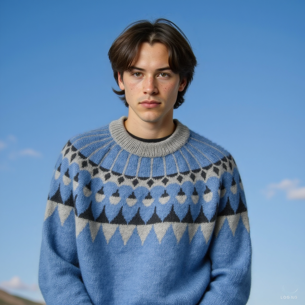 Person wearing a blue patterned sweater against a clear blue sky