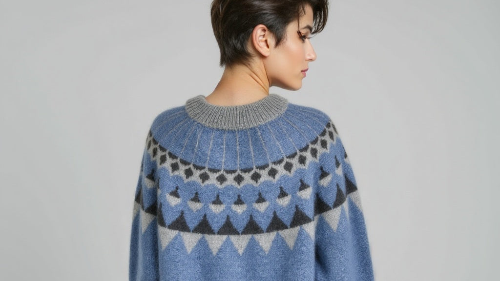 Person wearing a blue patterned sweater against a gray background