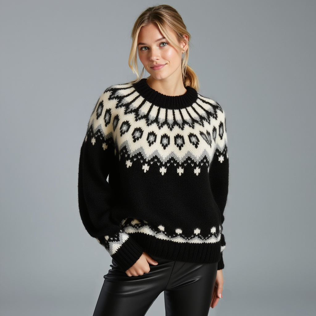 Hand-knitted black oversized unisex Scandinavian Lopapeysa sweater with a thick-knit white and gray Nordic round yoke, featuring black ribbed cuffs, collar, and hem, made from soft hypoallergenic baby alpaca and merino wool.
