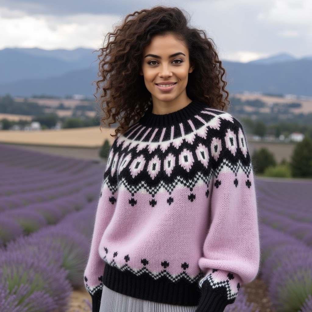 Hand-knitted lavender-pink women’s Scandinavian Lopapeysa sweater with a fluffy black and white Nordic round yoke, featuring black ribbed cuffs, collar, and hem, made from soft hypoallergenic baby alpaca, merino wool, and kid mohair.