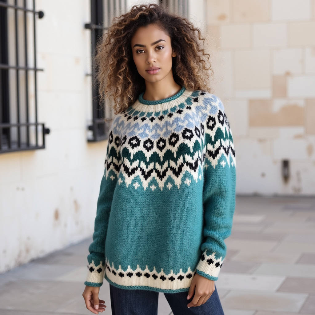 EdelWear handmade Teal Lopapeysa Fair Isle unisex sweater with Norwegian pattern in White / Black / Light Blue