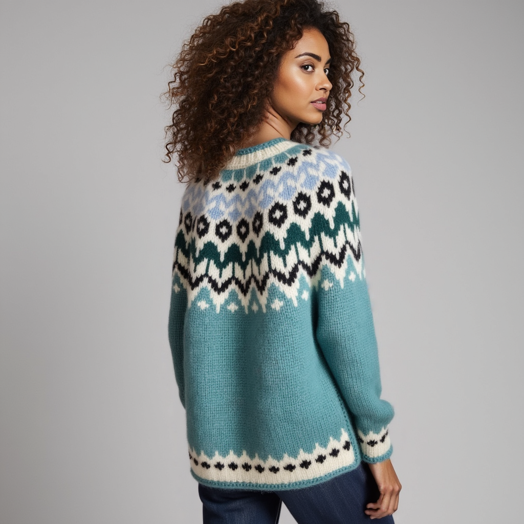 EdelWear handmade Teal Lopapeysa Fair Isle unisex sweater with Norwegian pattern in White / Black / Light Blue