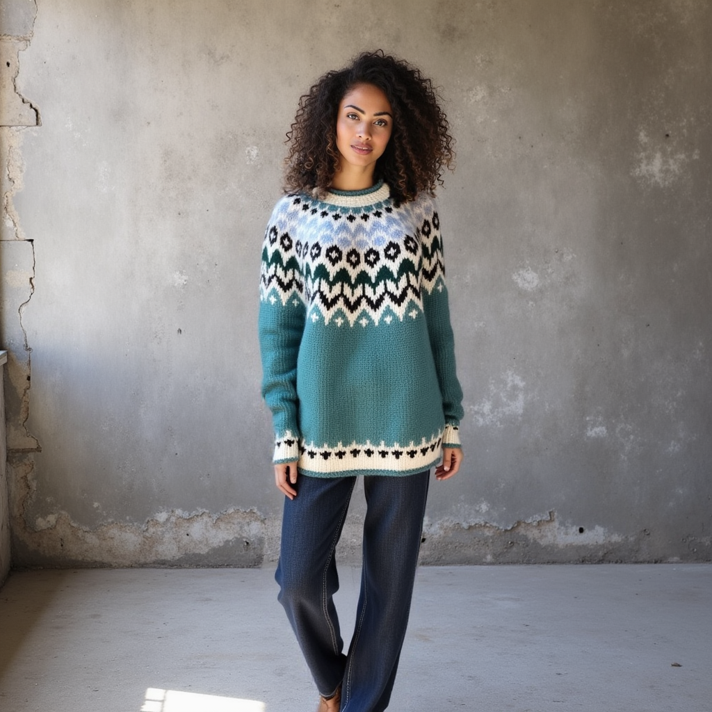 EdelWear handmade Teal Lopapeysa Fair Isle unisex sweater with Norwegian pattern in White / Black / Light Blue
