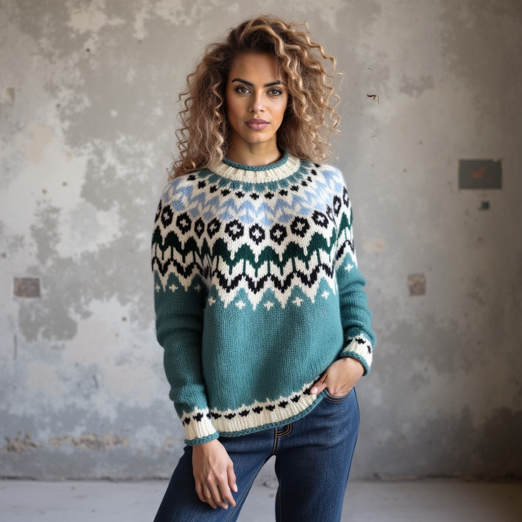 EdelWear handmade Teal Lopapeysa Fair Isle unisex sweater with Norwegian pattern in White / Black / Light Blue