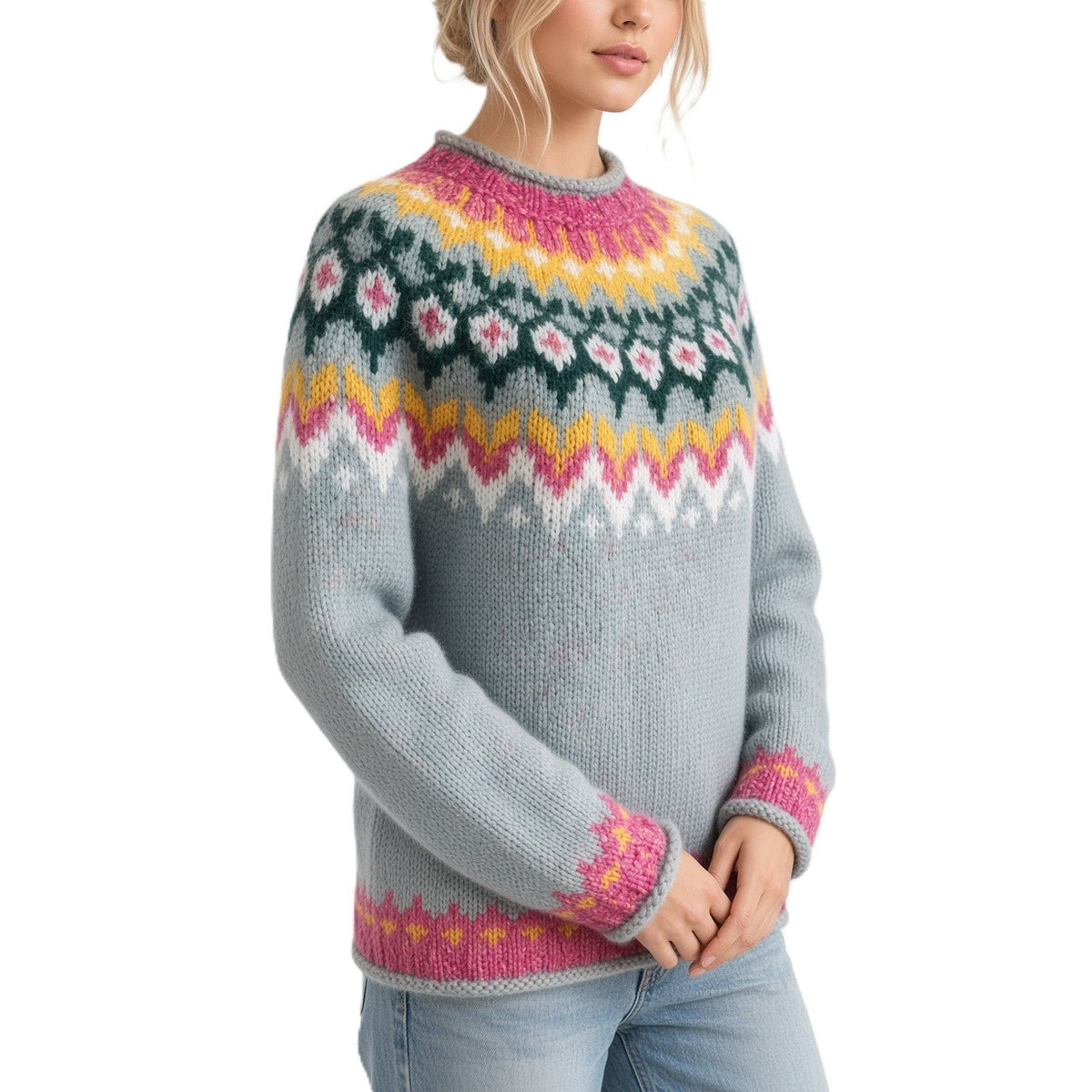 Pastel Blue Fair Isle Sweater Lopapeysa Adults Unisex, Hand Knitted Nordic Patterned Yoke, Baby Alpaca Merino Wool Blend - EdelWear