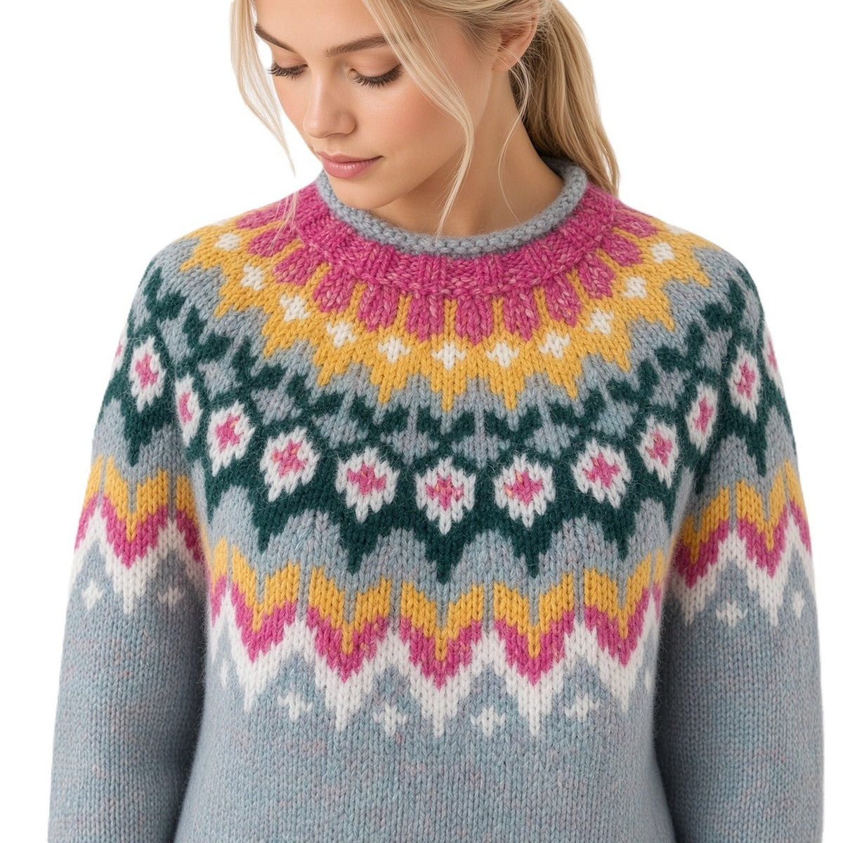 Pastel Blue Fair Isle Sweater Lopapeysa Adults Unisex, Hand Knitted Nordic Patterned Yoke, Baby Alpaca Merino Wool Blend - EdelWear