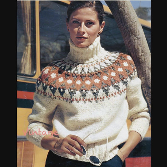 Women's hand-knitted Lopapeysa Fair Isle sweater in natural white with terracotta and marengo yoke, Nordic style turtleneck by EdelWear
