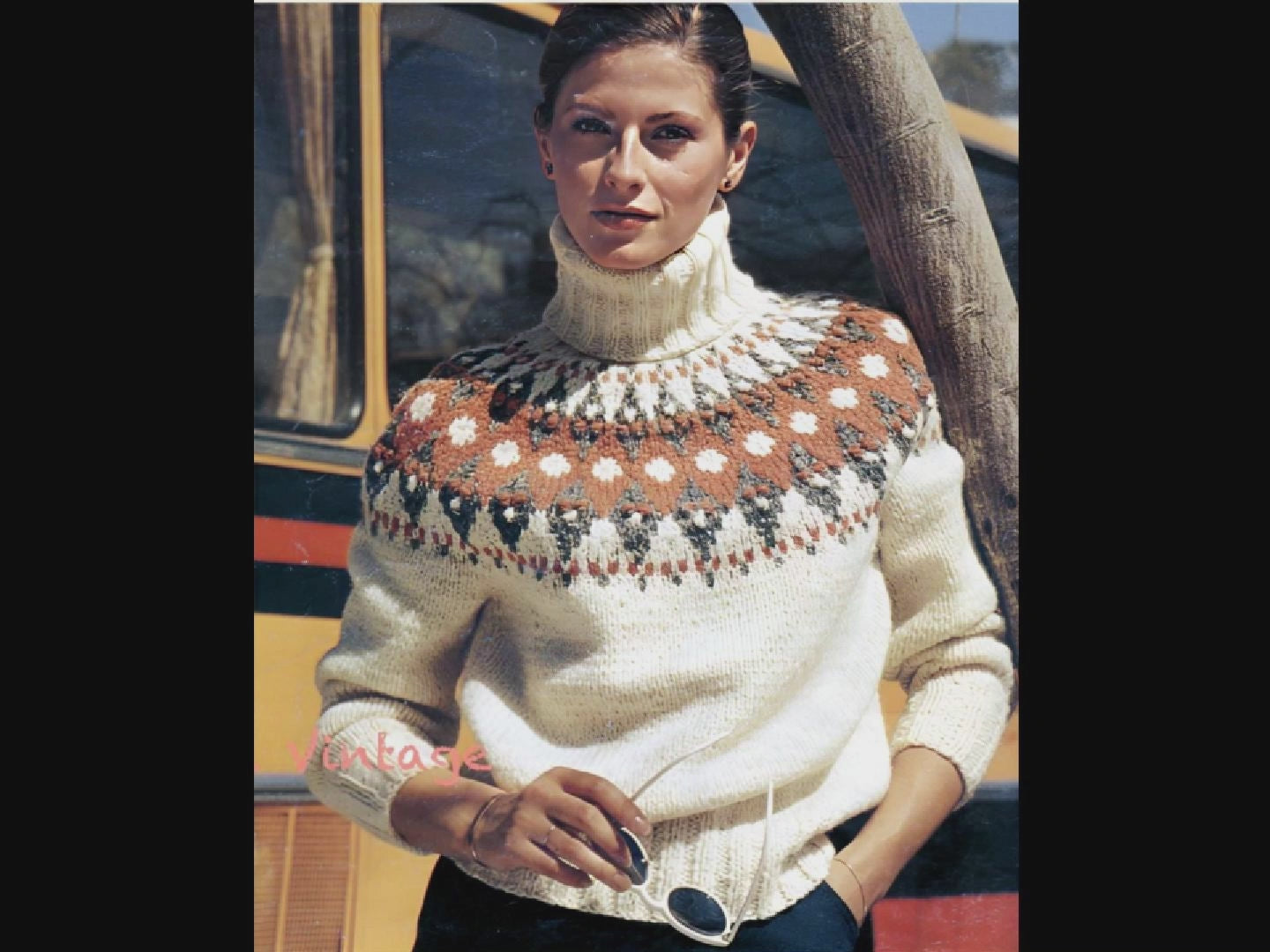 Women's hand-knitted Lopapeysa Fair Isle sweater in natural white with terracotta and marengo yoke, Nordic style turtleneck by EdelWear