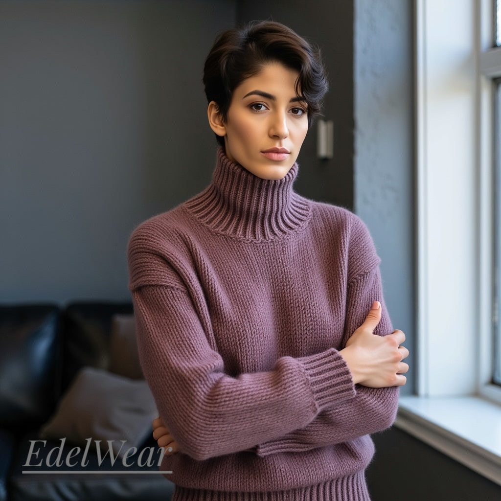 Hand-knitted oversized unisex Scandinavian sweater in dusty lilac, made from 100% luxurious Peruvian baby alpaca wool, featuring a smooth chunky knit, turtleneck, and ribbed cuffs, collar, and hem, perfect for a cozy, elegant look.