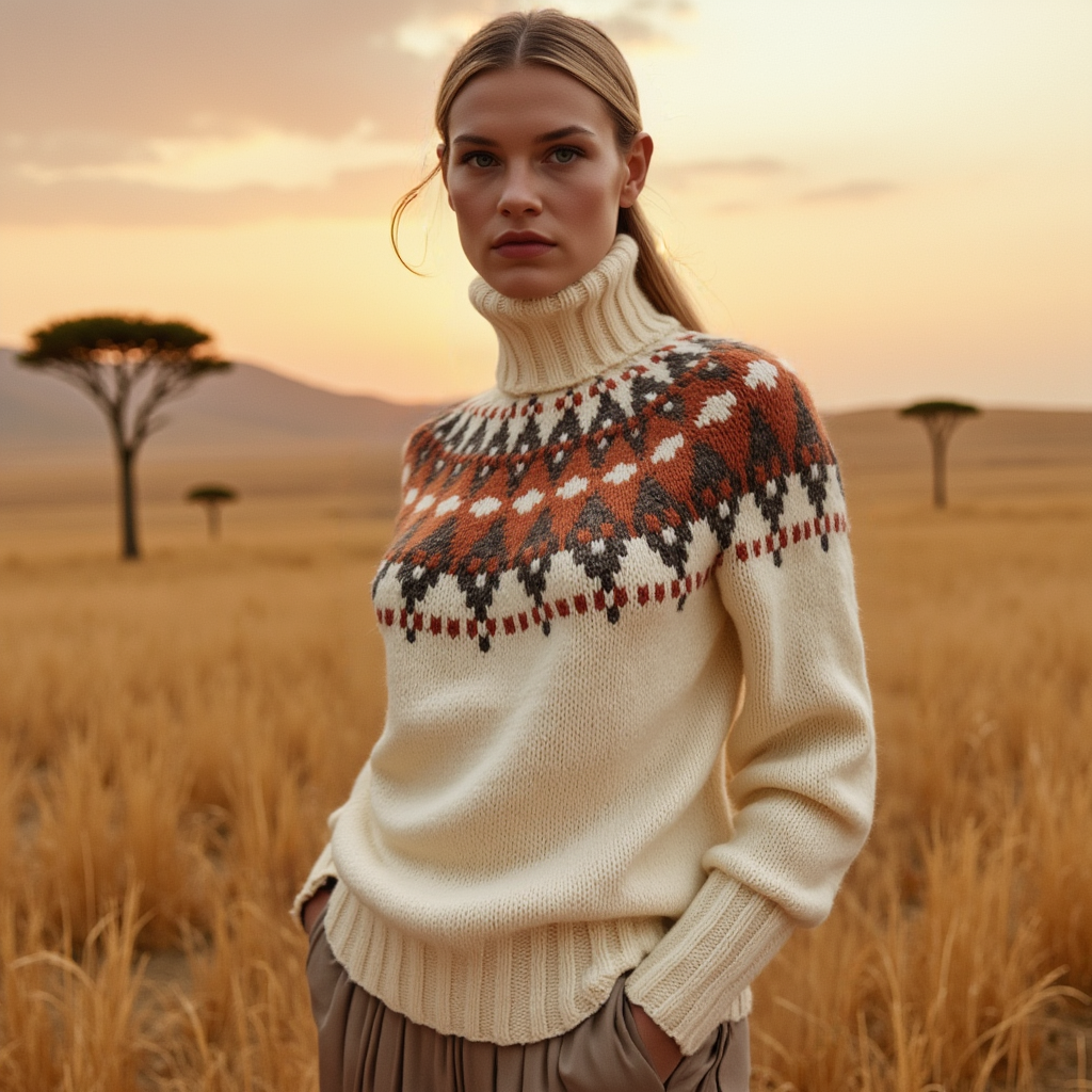 Women's hand-knitted Lopapeysa Fair Isle sweater in natural white with terracotta and marengo yoke, Nordic style turtleneck by EdelWear