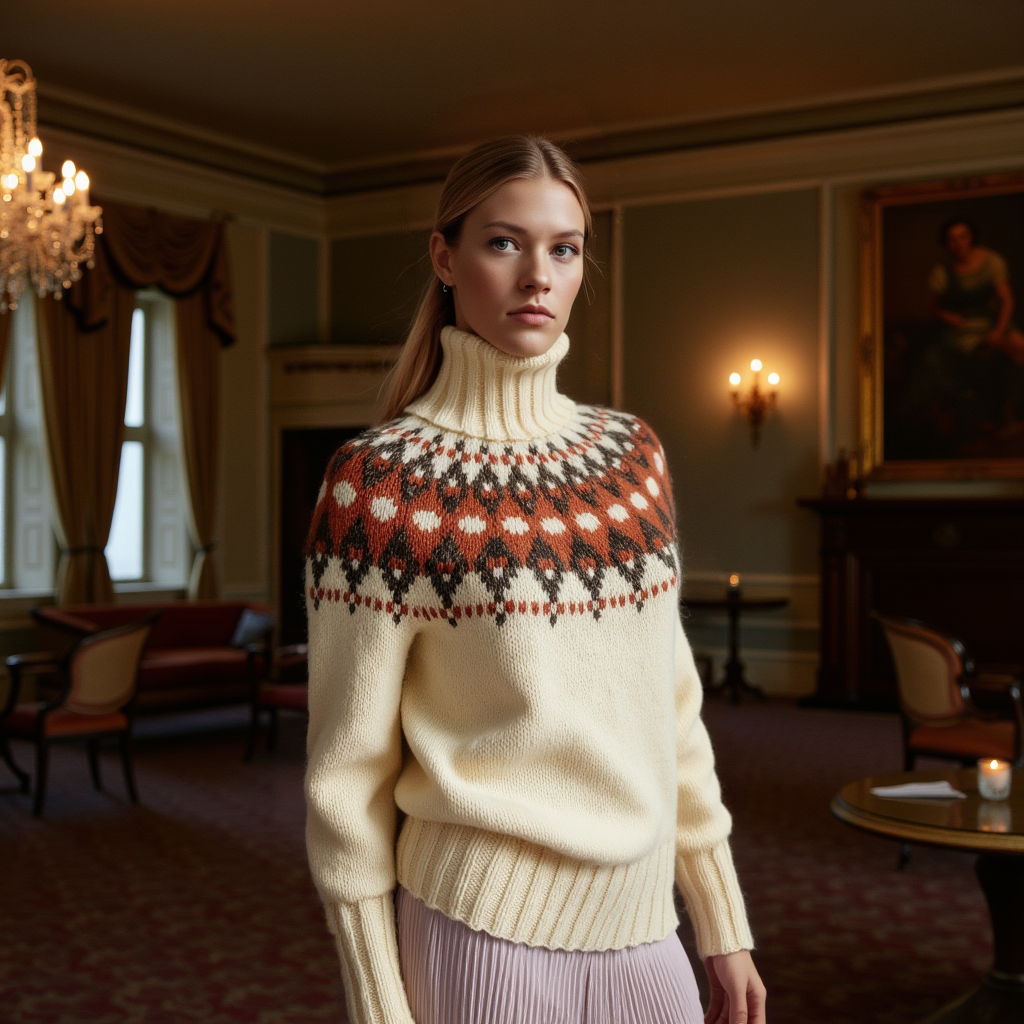 Women's hand-knitted Lopapeysa Fair Isle sweater in natural white with terracotta and marengo yoke, Nordic style turtleneck by EdelWear