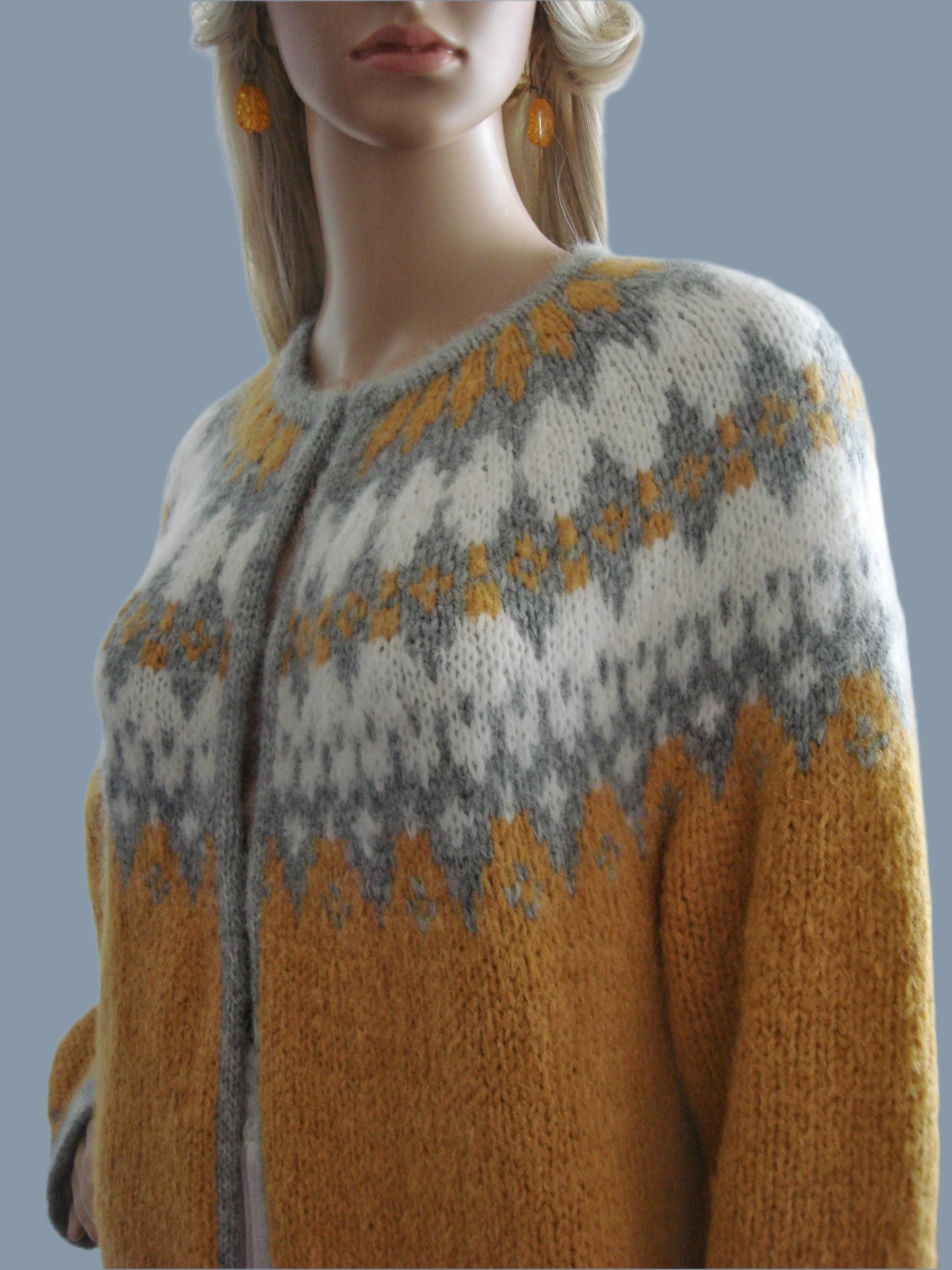 Mustard yellow and gray sweater cardigan Fair Isle with FrogClosure