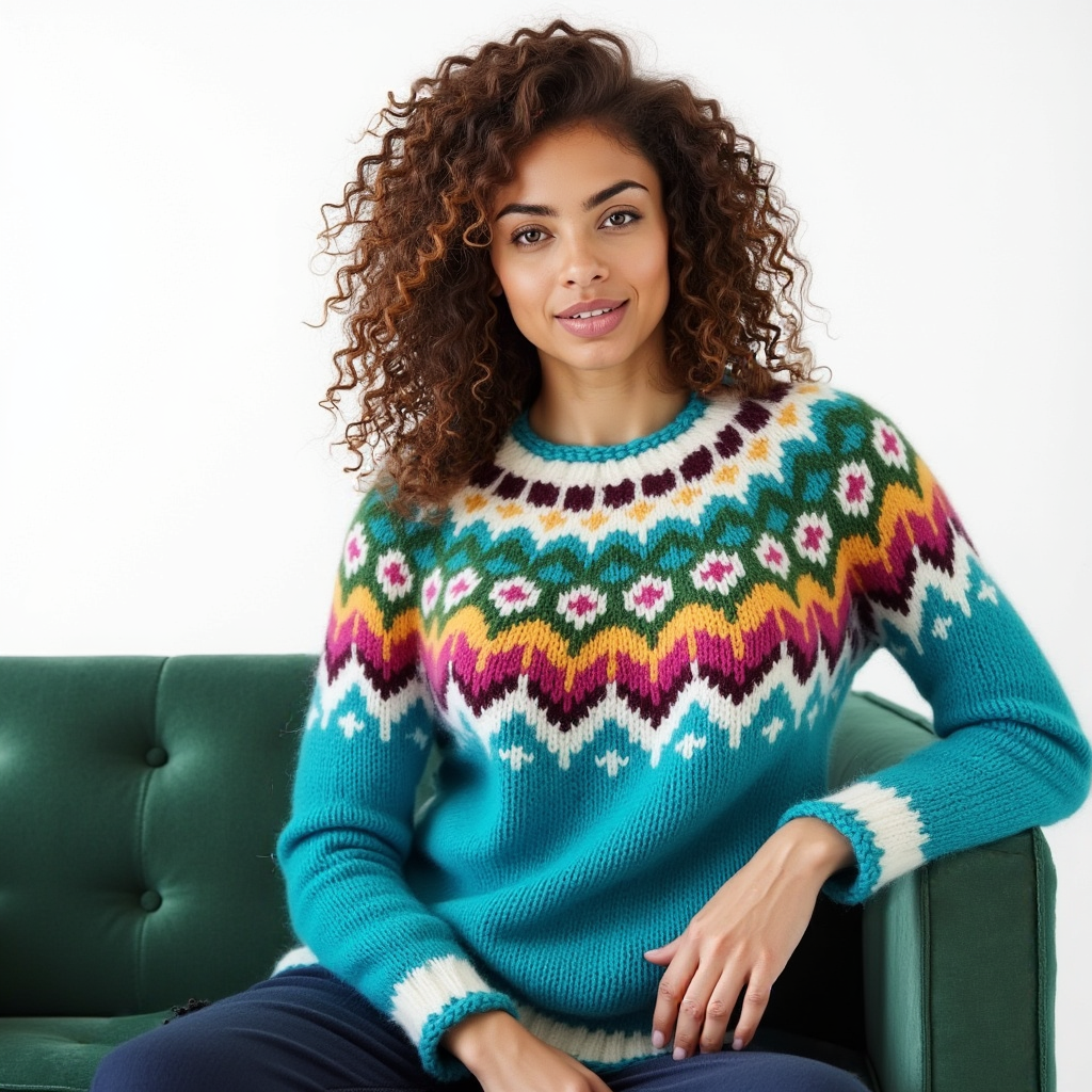 EdelWear handmade Turquoise blue Lopapeysa Fair Isle womens sweater with Norwegian pattern in Fuchsia / White / Yellow / Emerald