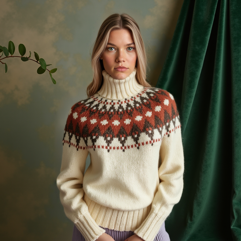 Women's hand-knitted Lopapeysa Fair Isle sweater in natural white with terracotta and marengo yoke, Nordic style turtleneck by EdelWear