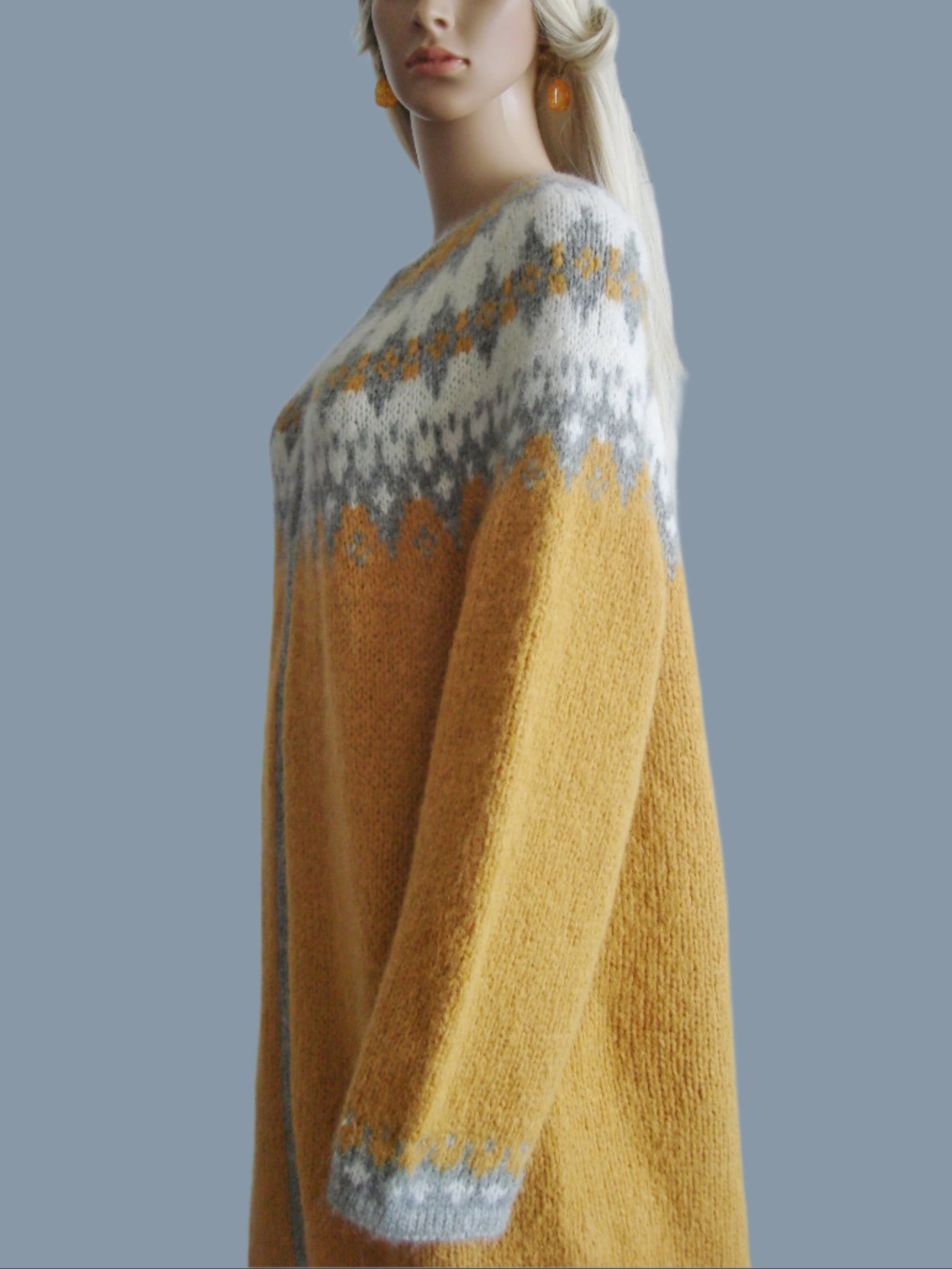 Mustard yellow and gray sweater cardigan Fair Isle with FrogClosure