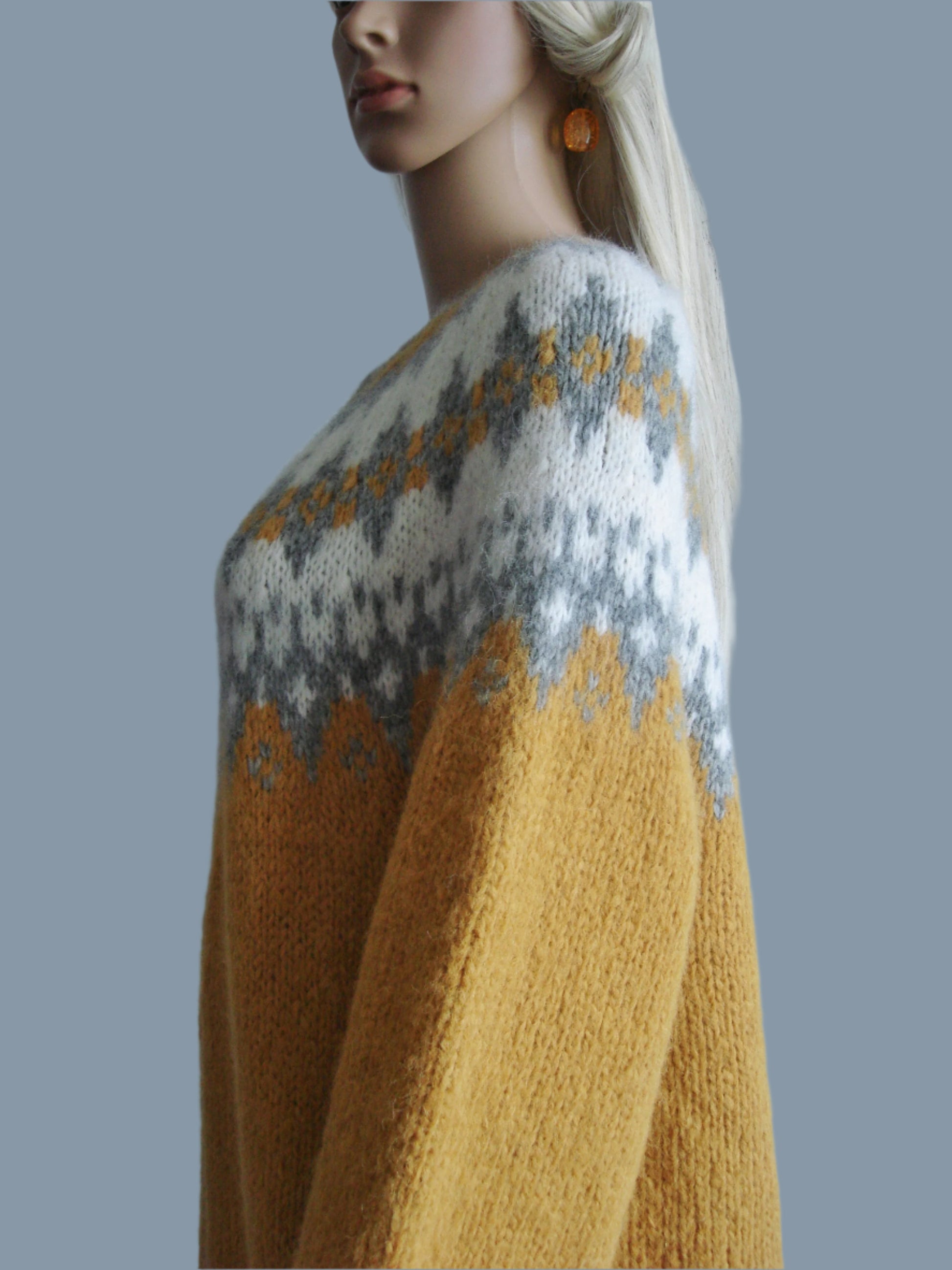 Mustard yellow and gray sweater cardigan Fair Isle with FrogClosure