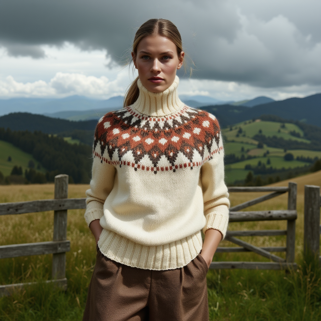Women's hand-knitted Lopapeysa Fair Isle sweater in natural white with terracotta and marengo yoke, Nordic style turtleneck by EdelWear