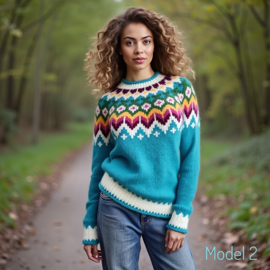 EdelWear handmade Turquoise blue Lopapeysa Fair Isle womens sweater with Norwegian pattern in Fuchsia / White / Yellow / Emerald