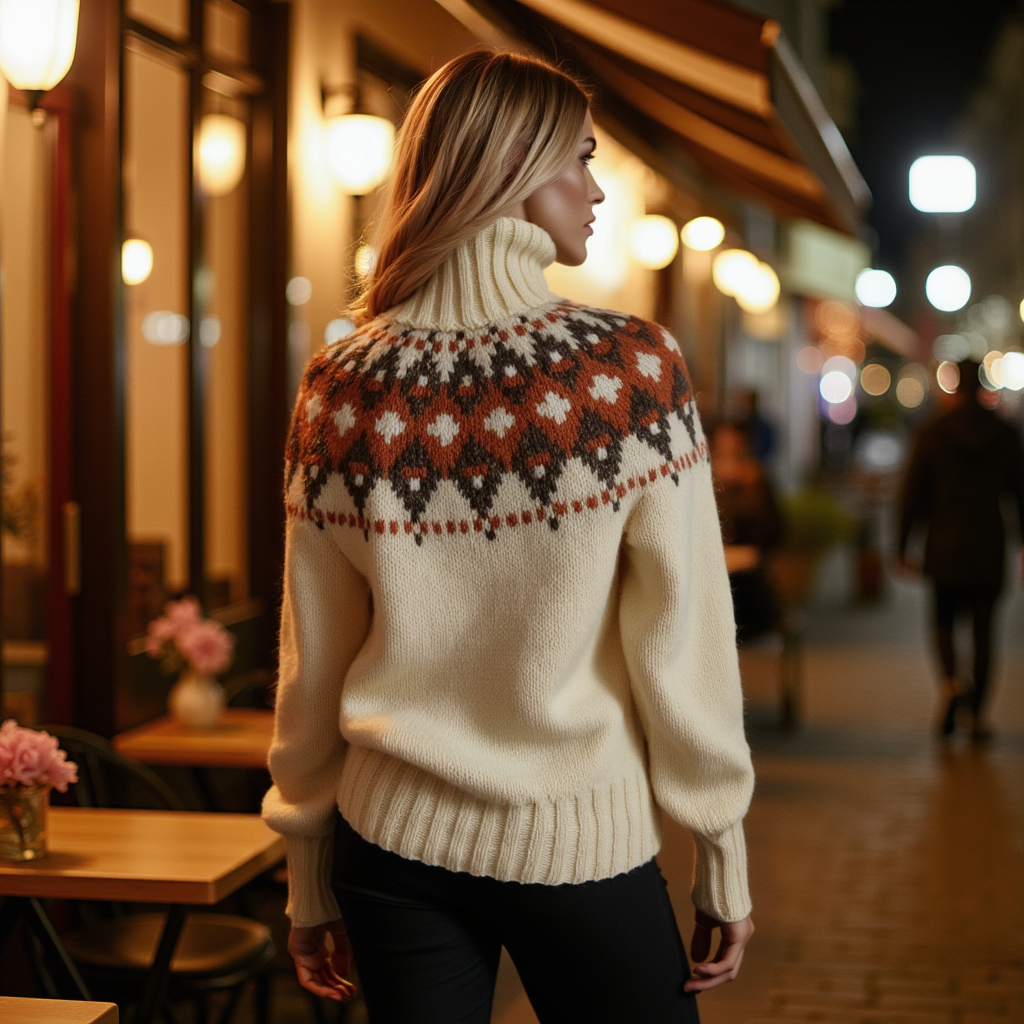Women's hand-knitted Lopapeysa Fair Isle sweater in natural white with terracotta and marengo yoke, Nordic style turtleneck by EdelWear