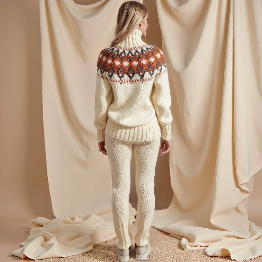 Women's hand-knitted Lopapeysa Fair Isle sweater in natural white with terracotta and marengo yoke, Nordic style turtleneck by EdelWear