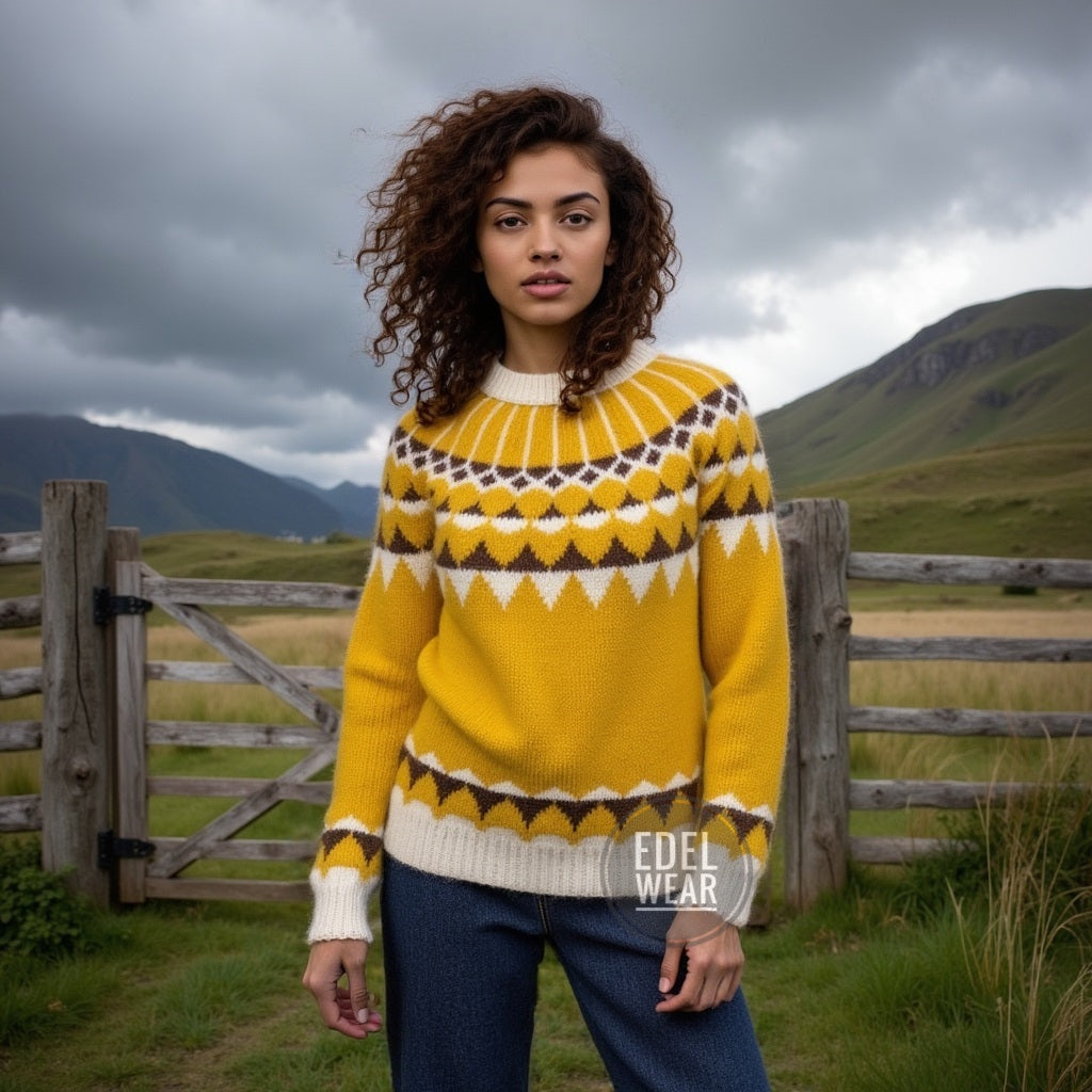 Woman wearing a yellow patterned sweater standing in a grassy field with mountains in the background