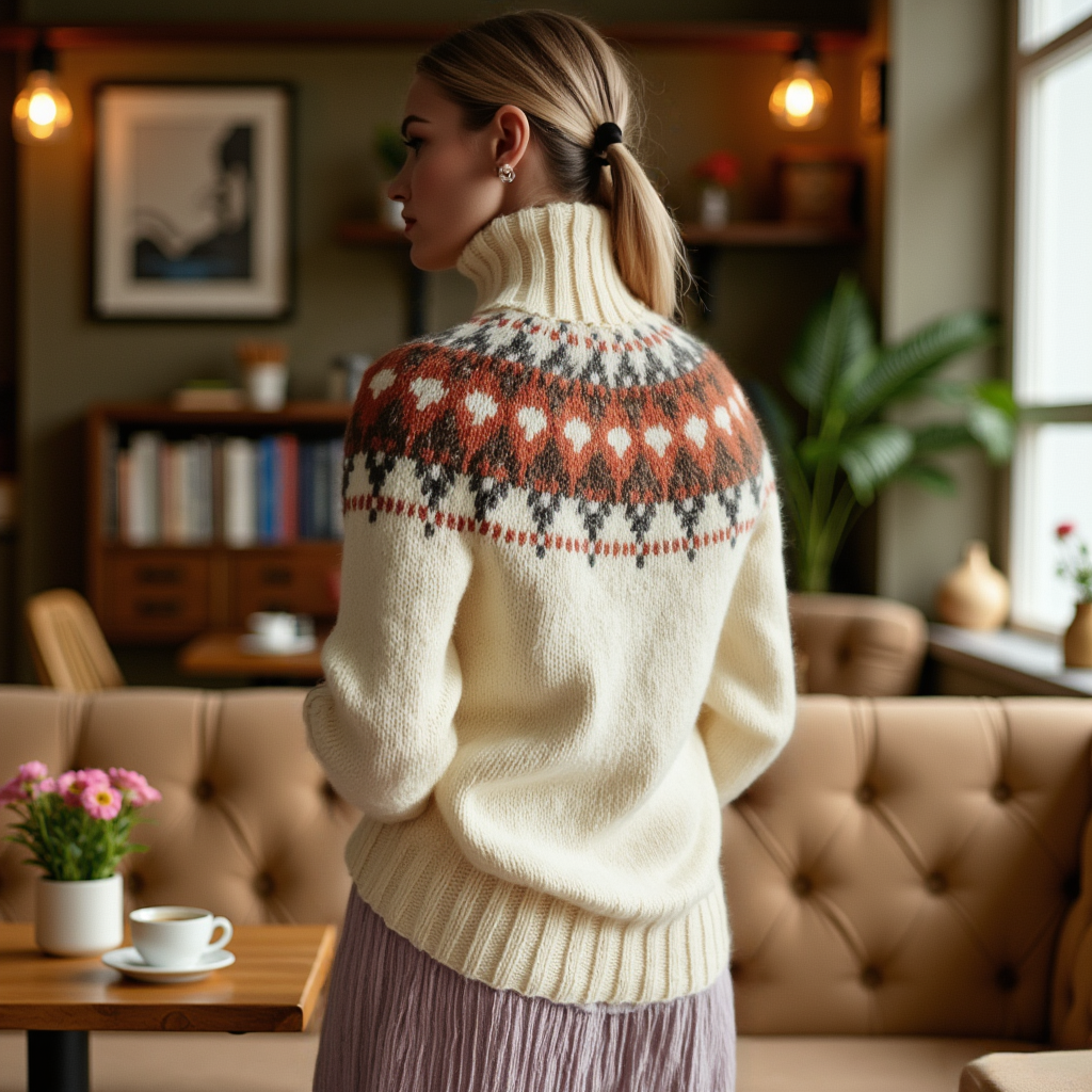 Women's hand-knitted Lopapeysa Fair Isle sweater in natural white with terracotta and marengo yoke, Nordic style turtleneck by EdelWear
