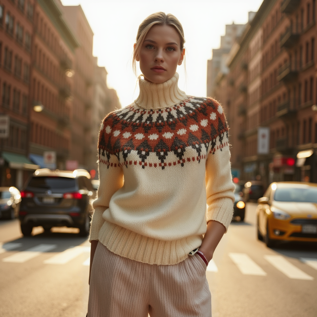 Women's hand-knitted Lopapeysa Fair Isle sweater in natural white with terracotta and marengo yoke, Nordic style turtleneck by EdelWear
