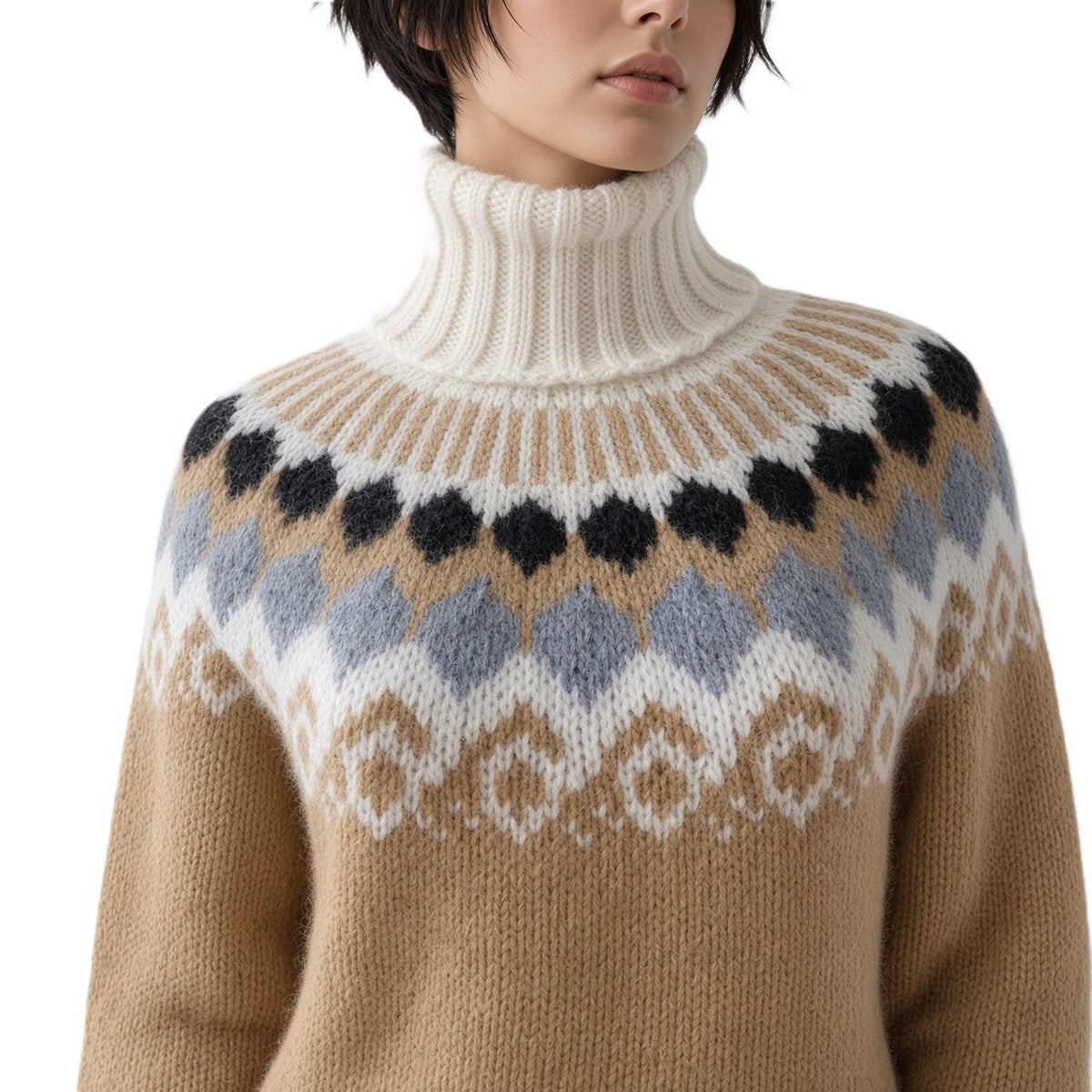 Scandinavian Fair Isle Sweater Turtleneck Hand-Knitted, Unisex Lopapeysa Alpaca Merino Wool Blend for Winter Warmth - EdelWear