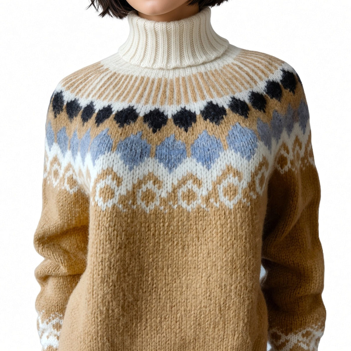 Scandinavian Fair Isle Sweater Turtleneck Hand-Knitted, Unisex Lopapeysa Alpaca Merino Wool Blend for Winter Warmth - EdelWear
