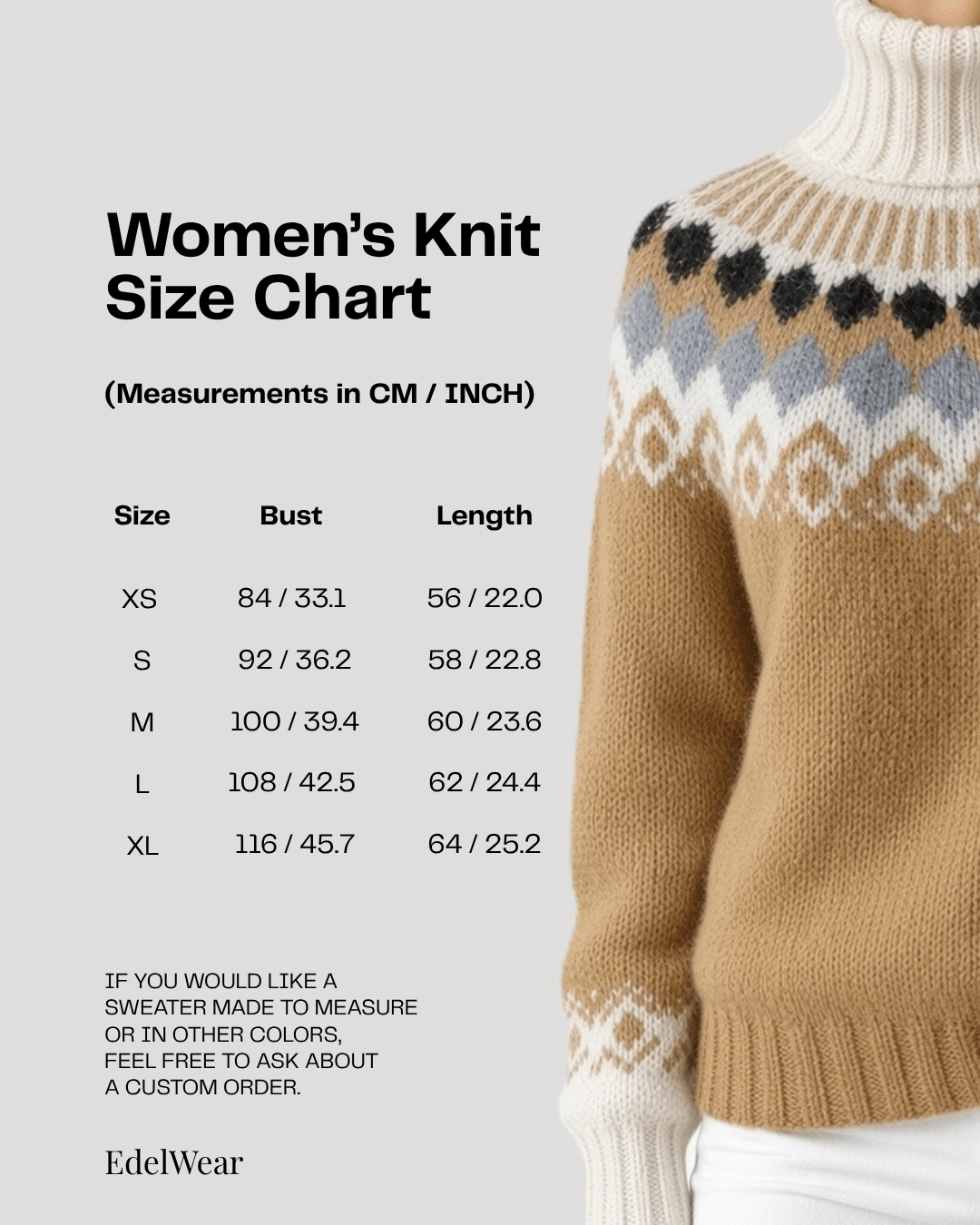 Scandinavian Fair Isle Sweater Turtleneck Hand-Knitted, Unisex Lopapeysa Alpaca Merino Wool Blend for Winter Warmth - EdelWear
