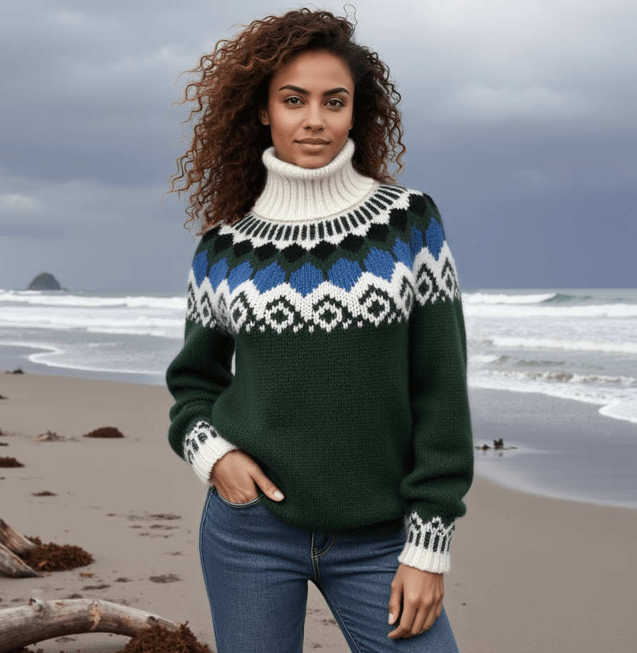 Scandinavian Fair Isle Sweater Turtleneck Hand-Knitted, Unisex Lopapeysa Alpaca Merino Wool Blend for Winter Warmth - EdelWear