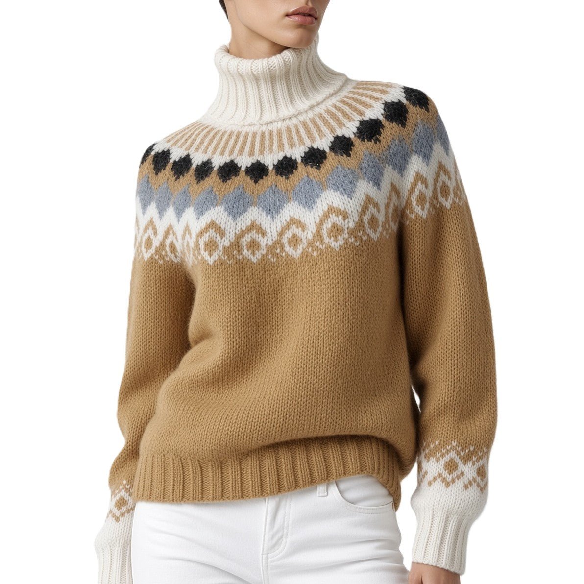 Scandinavian Fair Isle Sweater Turtleneck Hand-Knitted, Unisex Lopapeysa Alpaca Merino Wool Blend for Winter Warmth - EdelWear