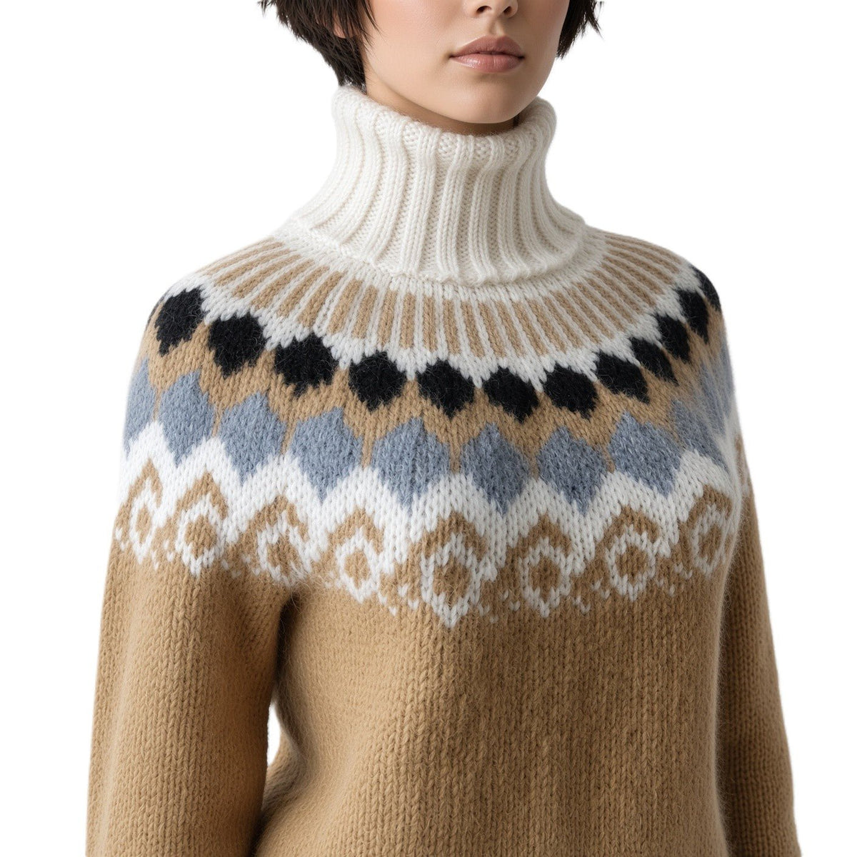 Scandinavian Fair Isle Sweater Turtleneck Hand-Knitted, Unisex Lopapeysa Alpaca Merino Wool Blend for Winter Warmth - EdelWear