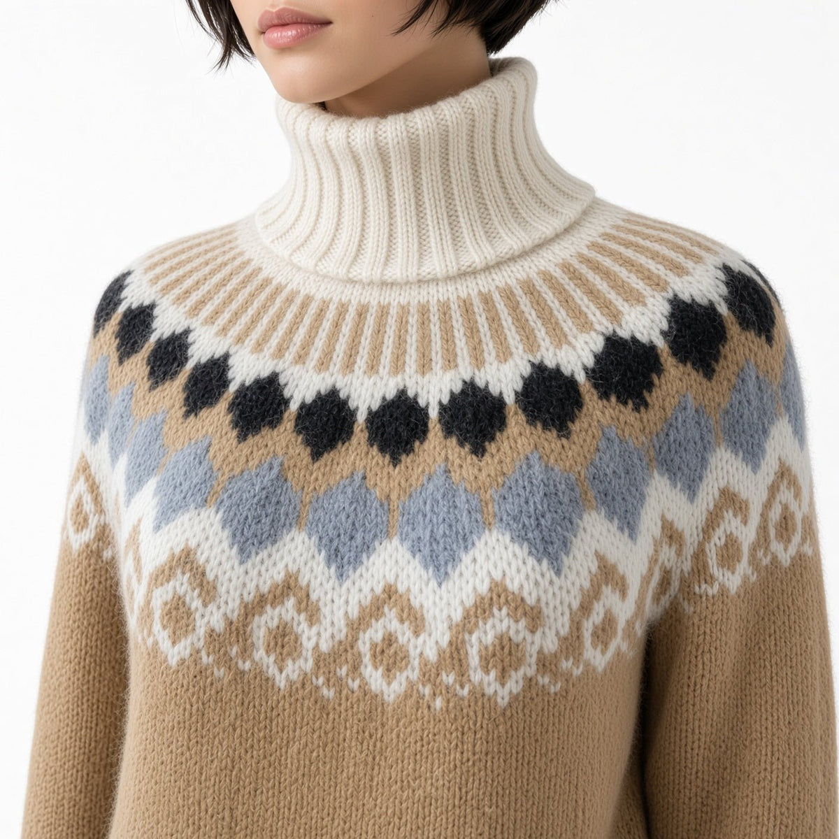 Scandinavian Fair Isle Sweater Turtleneck Hand-Knitted, Unisex Lopapeysa Alpaca Merino Wool Blend for Winter Warmth - EdelWear