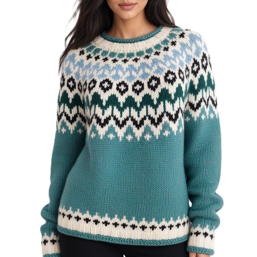 Scandinavian Oversized Adults Unisex Sweater Lopapeysa Fair Isle Teal Green Hand Knitted of Baby Alpaca / Merino - EdelWear