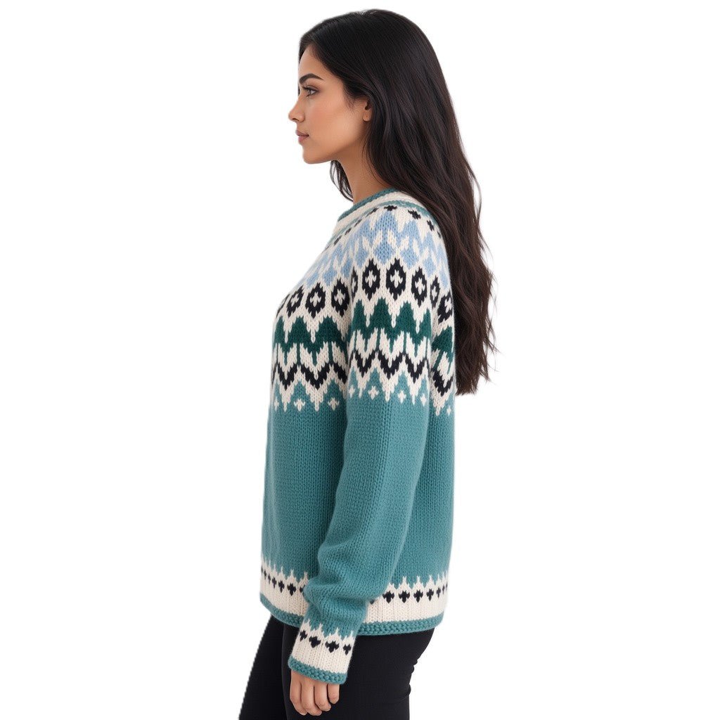 Scandinavian Oversized Adults Unisex Sweater Lopapeysa Fair Isle Teal Green Hand Knitted of Baby Alpaca / Merino - EdelWear