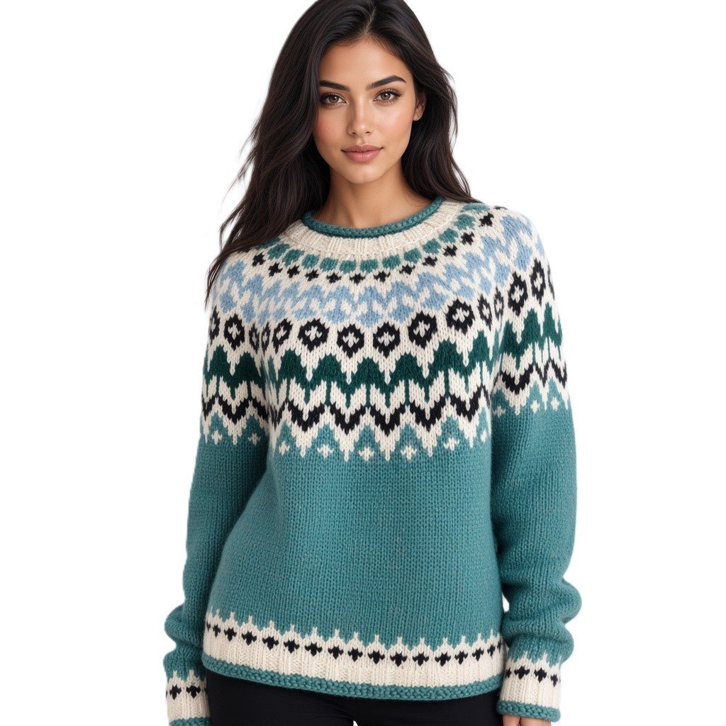 Scandinavian Oversized Adults Unisex Sweater Lopapeysa Fair Isle Teal Green Hand Knitted of Baby Alpaca / Merino - EdelWear