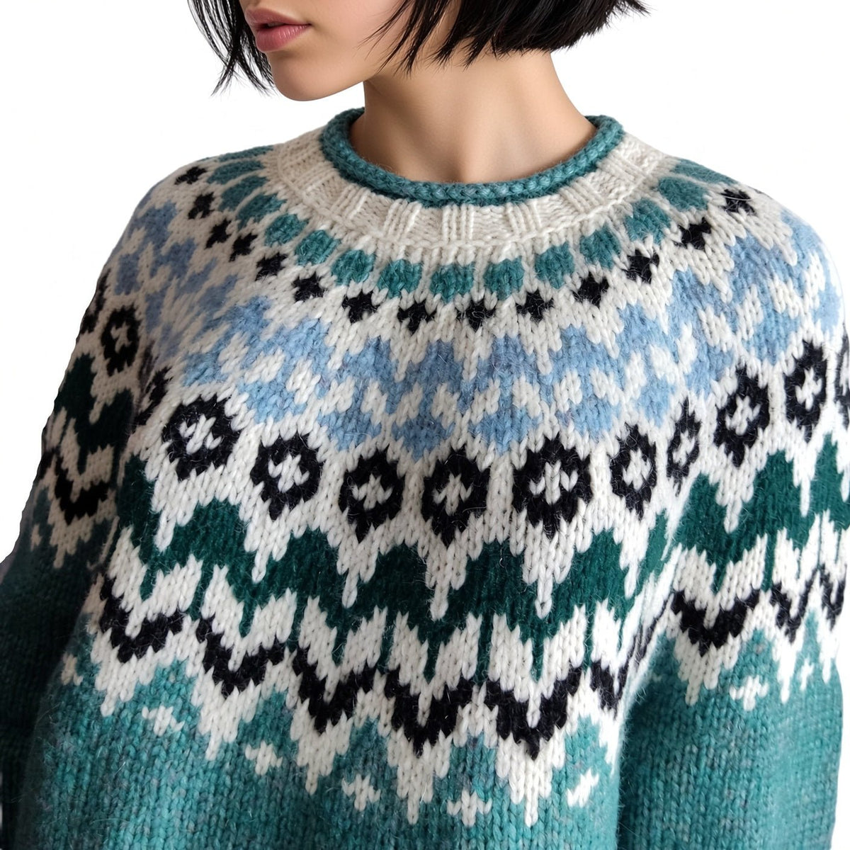 Scandinavian Oversized Adults Unisex Sweater Lopapeysa Fair Isle Teal Green Hand Knitted of Baby Alpaca / Merino - EdelWear