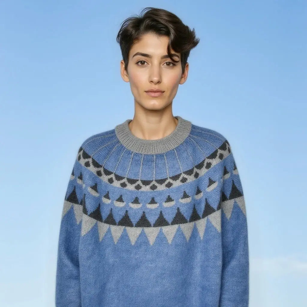 Scandinavian Sweater Unisex Lopapeysa Fair Isle Hand Knitted in Alpaca & Merino | Denim, Capuccino, Yellow - EdelWear
