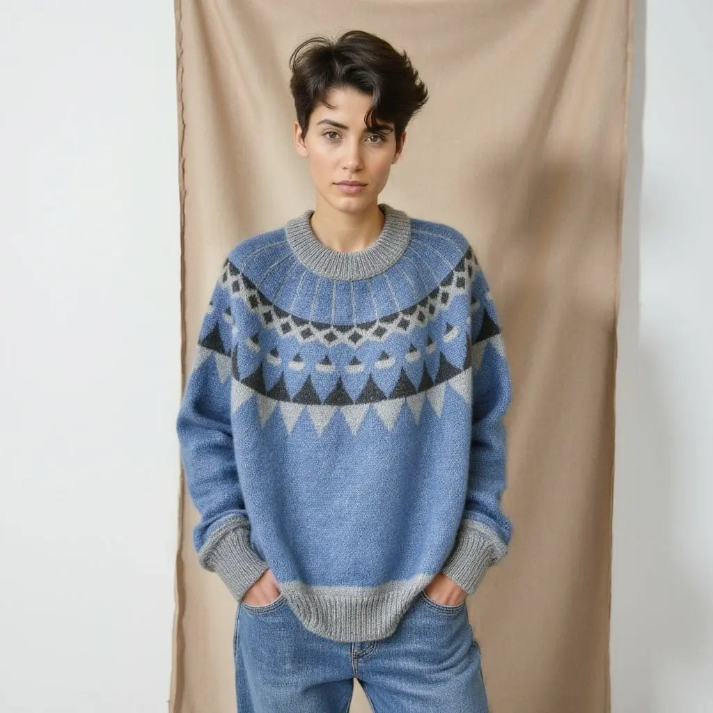 Scandinavian Sweater Unisex Lopapeysa Fair Isle Hand Knitted in Alpaca & Merino | Denim, Capuccino, Yellow - EdelWear